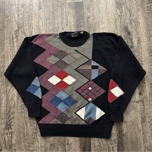 Vintage 90s Multicolor Argyle Patterned Knit Sweater Handframe At Ease